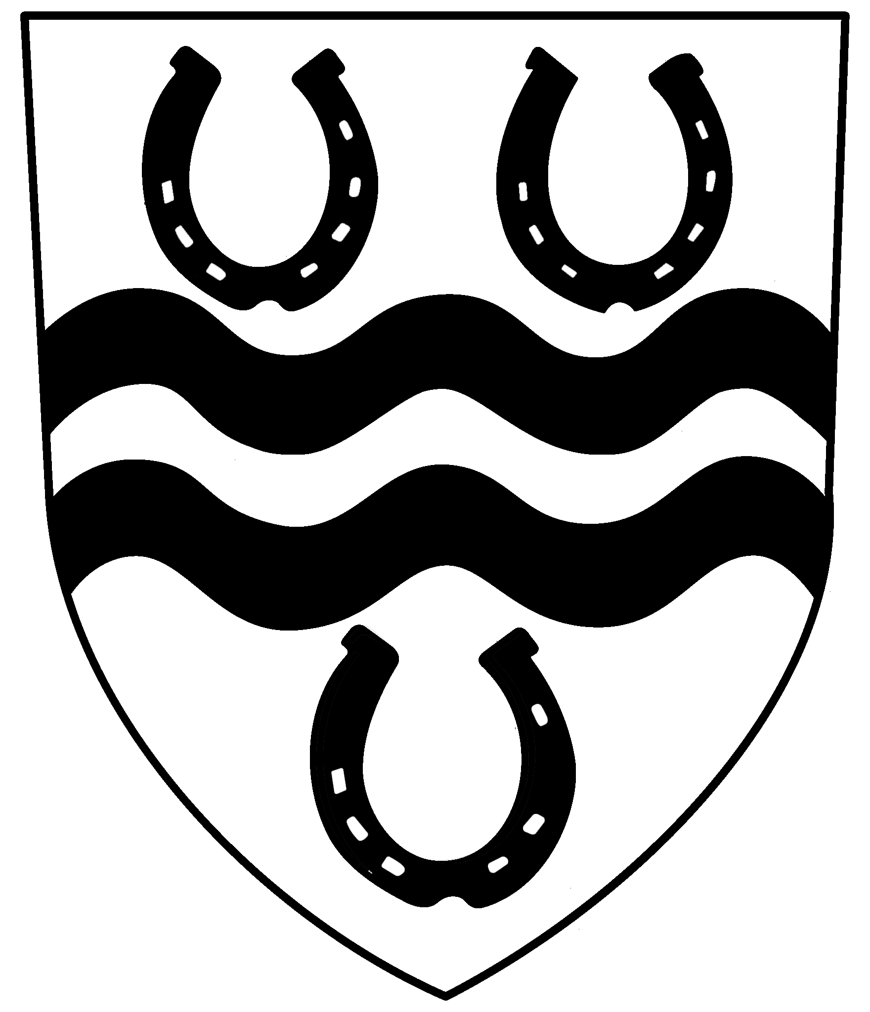 Arms of Sheelah Fisher: Argent, two bars wavy between three horseshoes reversed Sable