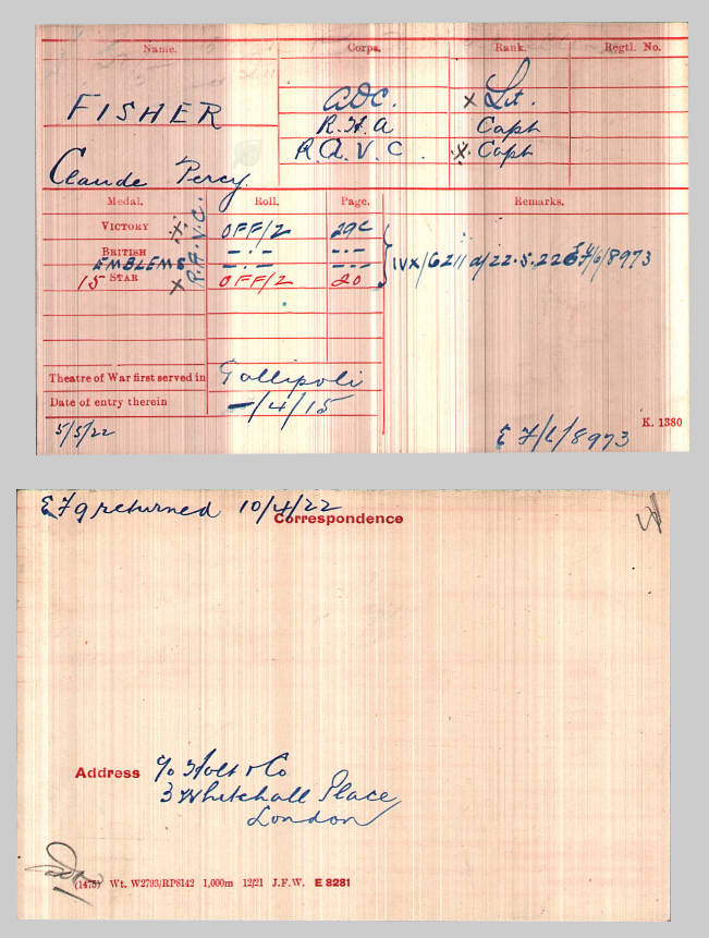 Captain C.P. Fisher, RAVC, WWI medal card WWI medal card